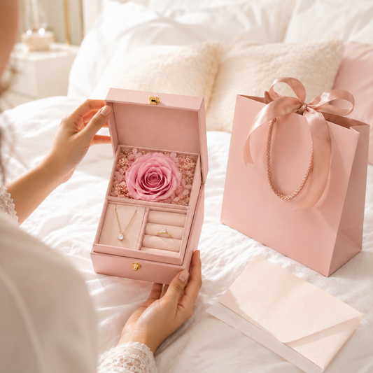 Preserved Rose Jewelry Gift Box – Romantic Pink Gift Presentation Box with Eternal Rose Display, Necklace Slot & Ring Holder for Anniversaries, Birthdays, Valentine’s Day & Special Moments
