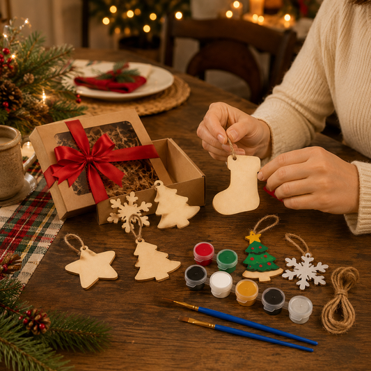 DIY Christmas Ornament Painting Kit – Wooden Holiday Craft Set with Paints, Brushes, Twine & Gift Box for Family Activities, Kids Crafts & Festive Decor