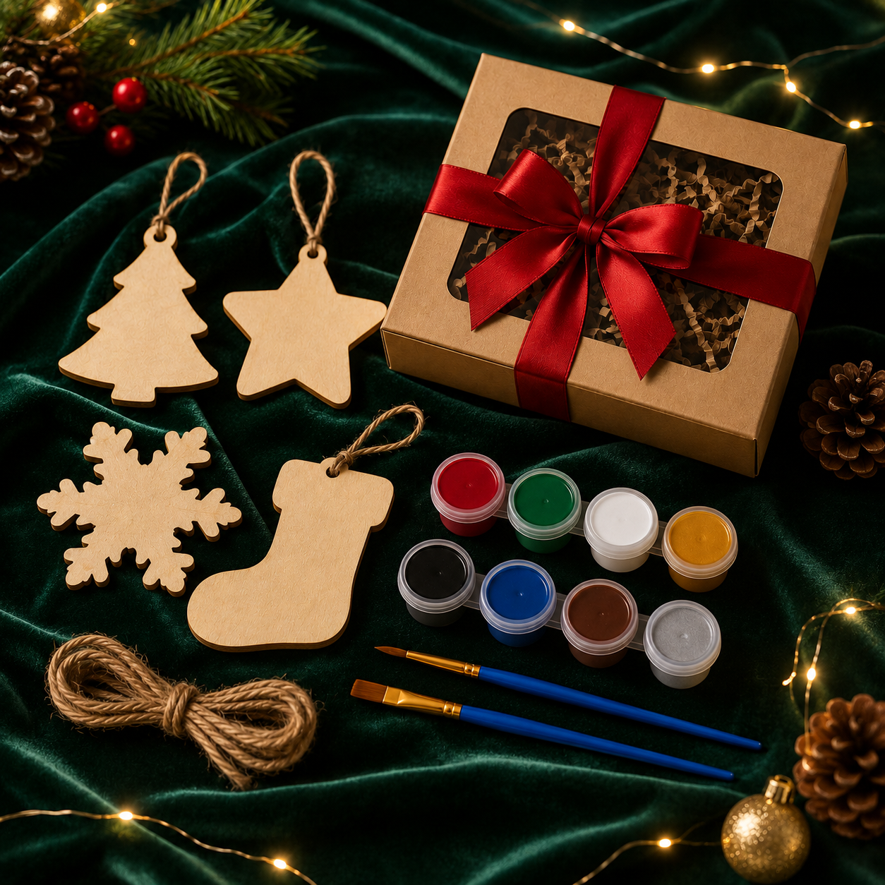 DIY Christmas Ornament Painting Kit – Wooden Holiday Craft Set with Paints, Brushes, Twine & Gift Box for Family Activities, Kids Crafts & Festive Decor