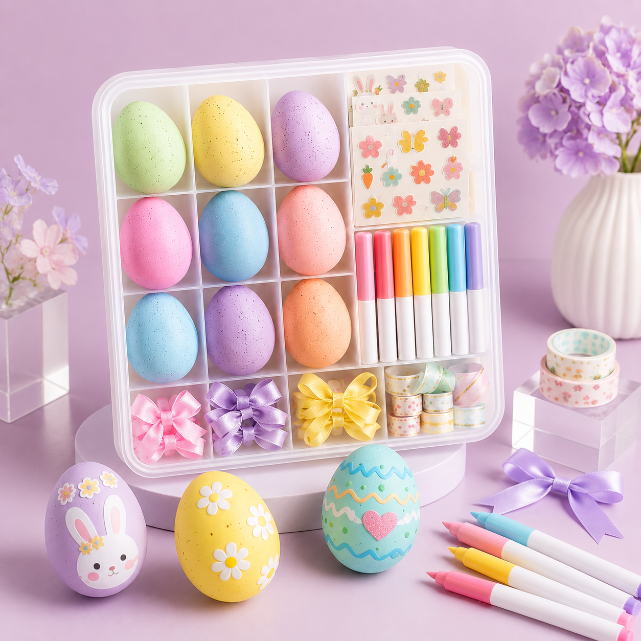 DIY Easter Egg Decorating Kit – Pastel Egg Craft Set with Markers, Stickers, Bows & Storage Case for Kids, Family Activities, Spring Parties & Holiday Gifts
