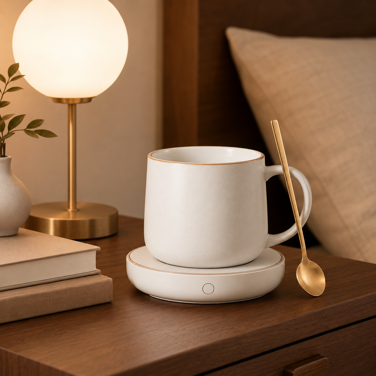 Self-Warming Ceramic Mug Set – Electric Coffee Mug Warmer with Matching Cup, Gold Spoon & Gift Box for Home Office, Desk, Bedroom & Cozy Gifts