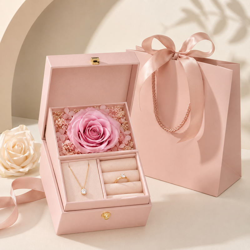 Preserved Rose Jewelry Gift Box – Romantic Pink Gift Presentation Box with Eternal Rose Display, Necklace Slot & Ring Holder for Anniversaries, Birthdays, Valentine’s Day & Special Moments