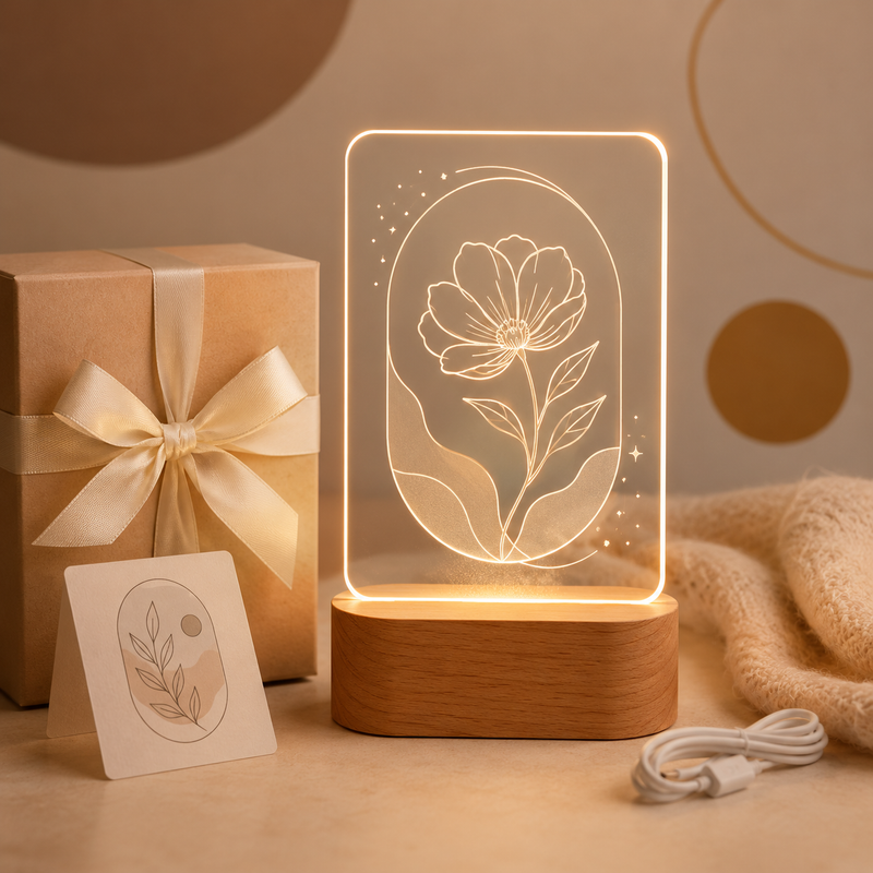 Personalized Floral LED Night Light – Warm Acrylic Flower Lamp with Wooden Base for Bedroom Decor, Gifts, Birthdays, Anniversaries & Holiday Surprises