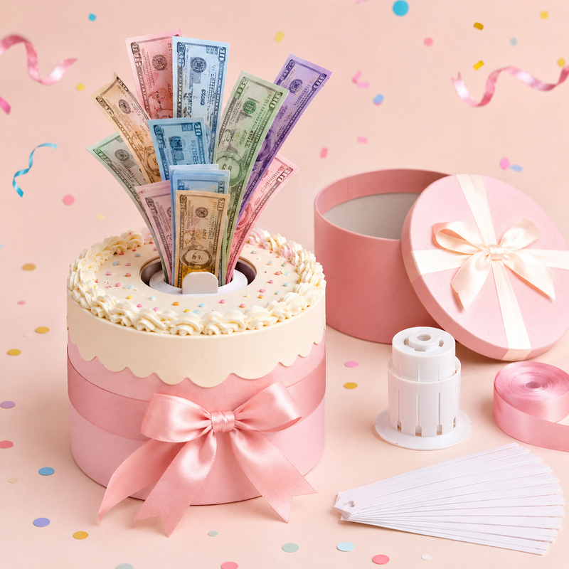 Money Pull Cake Surprise Gift Box Kit – Pink Birthday Cash Pulling Box with Ribbon, Money Sleeves & Pull Tabs for Birthdays, Graduation, Weddings & Party Gifts