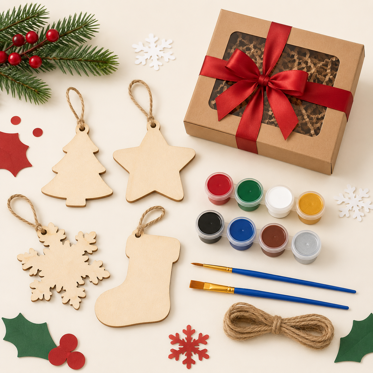 DIY Christmas Ornament Painting Kit – Wooden Holiday Craft Set with Paints, Brushes, Twine & Gift Box for Family Activities, Kids Crafts & Festive Decor