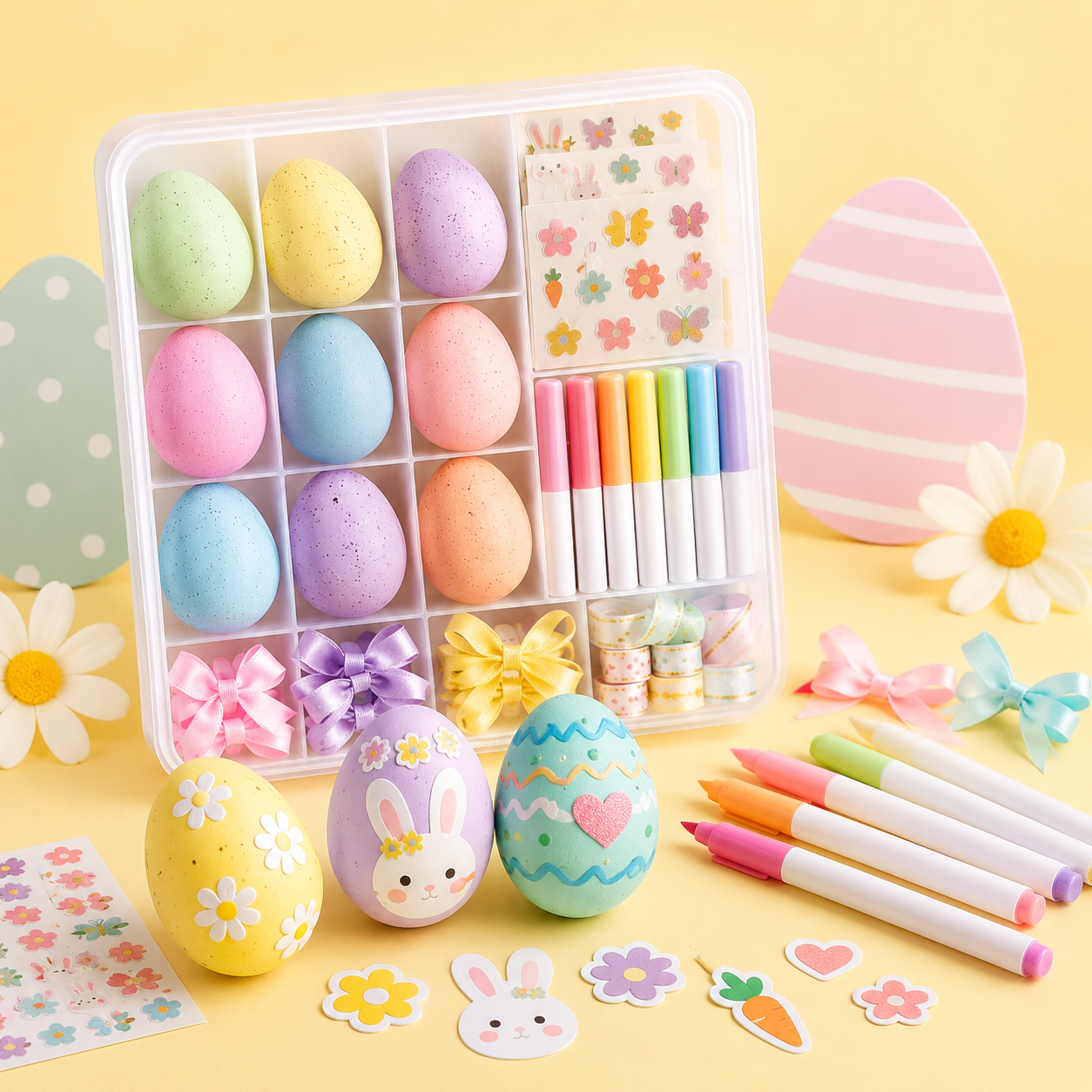 DIY Easter Egg Decorating Kit – Pastel Egg Craft Set with Markers, Stickers, Bows & Storage Case for Kids, Family Activities, Spring Parties & Holiday Gifts