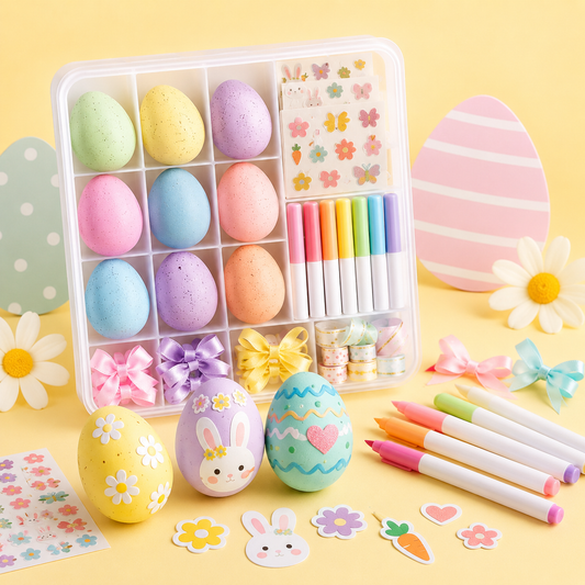 DIY Easter Egg Decorating Kit – Pastel Egg Craft Set with Markers, Stickers, Bows & Storage Case for Kids, Family Activities, Spring Parties & Holiday Gifts