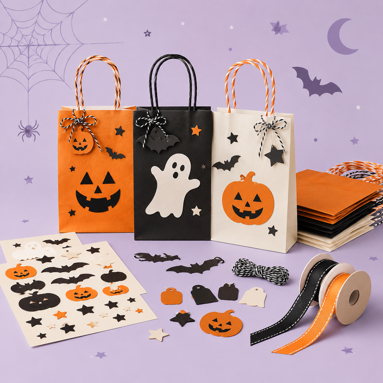 DIY Halloween Treat Bag Decorating Kit – Pumpkin, Ghost & Bat Party Favor Bags with Stickers, Ribbons, Twine & Gift Tags for Trick-or-Treat, Classroom Parties & Fall Crafts
