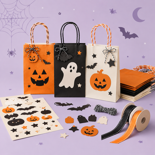 DIY Halloween Treat Bag Decorating Kit – Pumpkin, Ghost & Bat Party Favor Bags with Stickers, Ribbons, Twine & Gift Tags for Trick-or-Treat, Classroom Parties & Fall Crafts