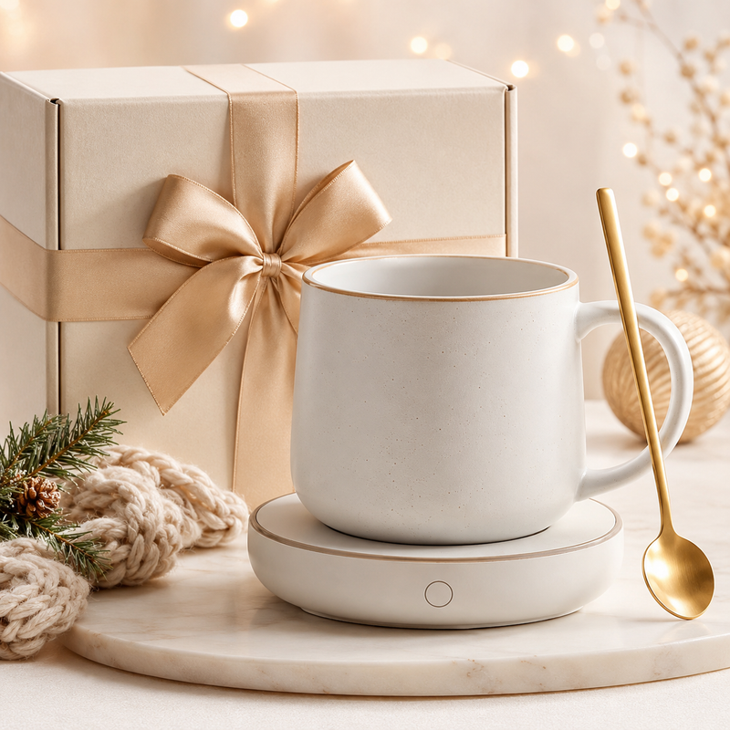 Self-Warming Ceramic Mug Set – Electric Coffee Mug Warmer with Matching Cup, Gold Spoon & Gift Box for Home Office, Desk, Bedroom & Cozy Gifts