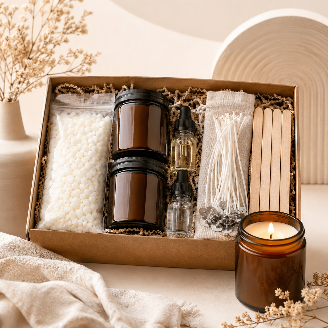 Complete DIY Candle Making Kit – Natural Soy Wax Candle Craft Set with Amber Jars, Wicks, Fragrance Oils, Stir Sticks & Gift Box for Home Decor, Relaxation & Handmade Gifts