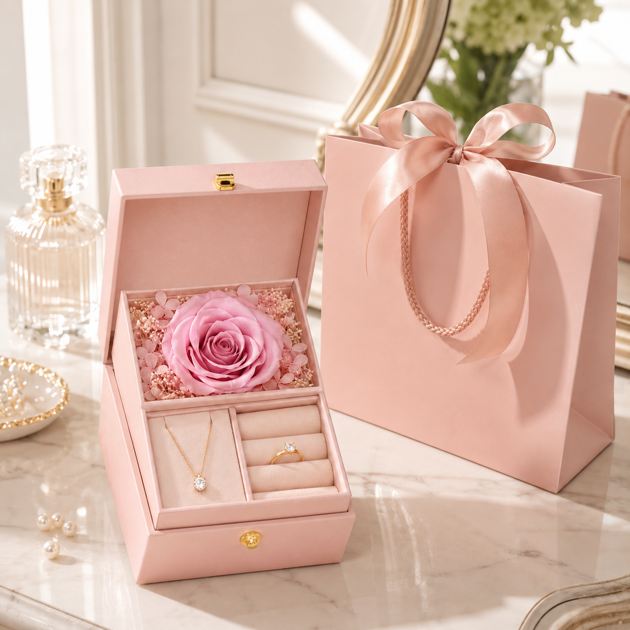 Preserved Rose Jewelry Gift Box – Romantic Pink Gift Presentation Box with Eternal Rose Display, Necklace Slot & Ring Holder for Anniversaries, Birthdays, Valentine’s Day & Special Moments