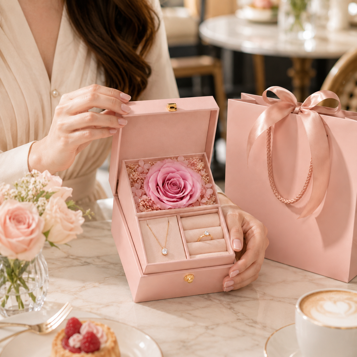 Preserved Rose Jewelry Gift Box – Romantic Pink Gift Presentation Box with Eternal Rose Display, Necklace Slot & Ring Holder for Anniversaries, Birthdays, Valentine’s Day & Special Moments
