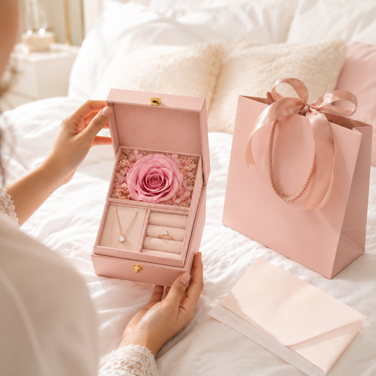 Preserved Rose Jewelry Gift Box – Romantic Pink Gift Presentation Box with Eternal Rose Display, Necklace Slot & Ring Holder for Anniversaries, Birthdays, Valentine’s Day & Special Moments