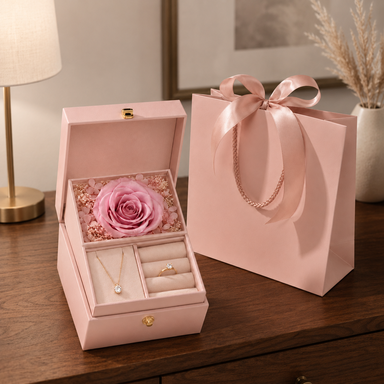 Preserved Rose Jewelry Gift Box – Romantic Pink Gift Presentation Box with Eternal Rose Display, Necklace Slot & Ring Holder for Anniversaries, Birthdays, Valentine’s Day & Special Moments