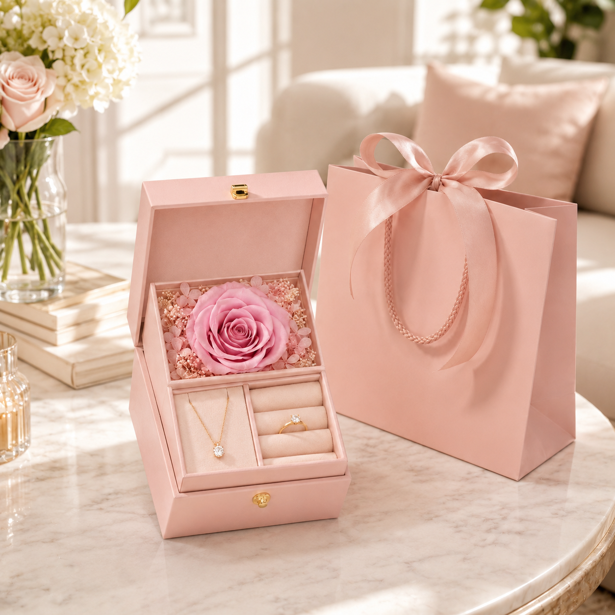 Preserved Rose Jewelry Gift Box – Romantic Pink Gift Presentation Box with Eternal Rose Display, Necklace Slot & Ring Holder for Anniversaries, Birthdays, Valentine’s Day & Special Moments