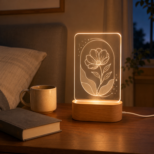 Personalized Floral LED Night Light – Warm Acrylic Flower Lamp with Wooden Base for Bedroom Decor, Gifts, Birthdays, Anniversaries & Holiday Surprises