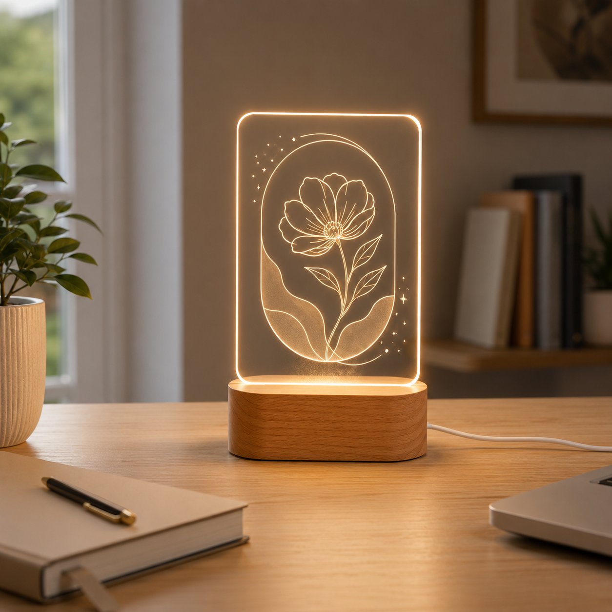 Personalized Floral LED Night Light – Warm Acrylic Flower Lamp with Wooden Base for Bedroom Decor, Gifts, Birthdays, Anniversaries & Holiday Surprises
