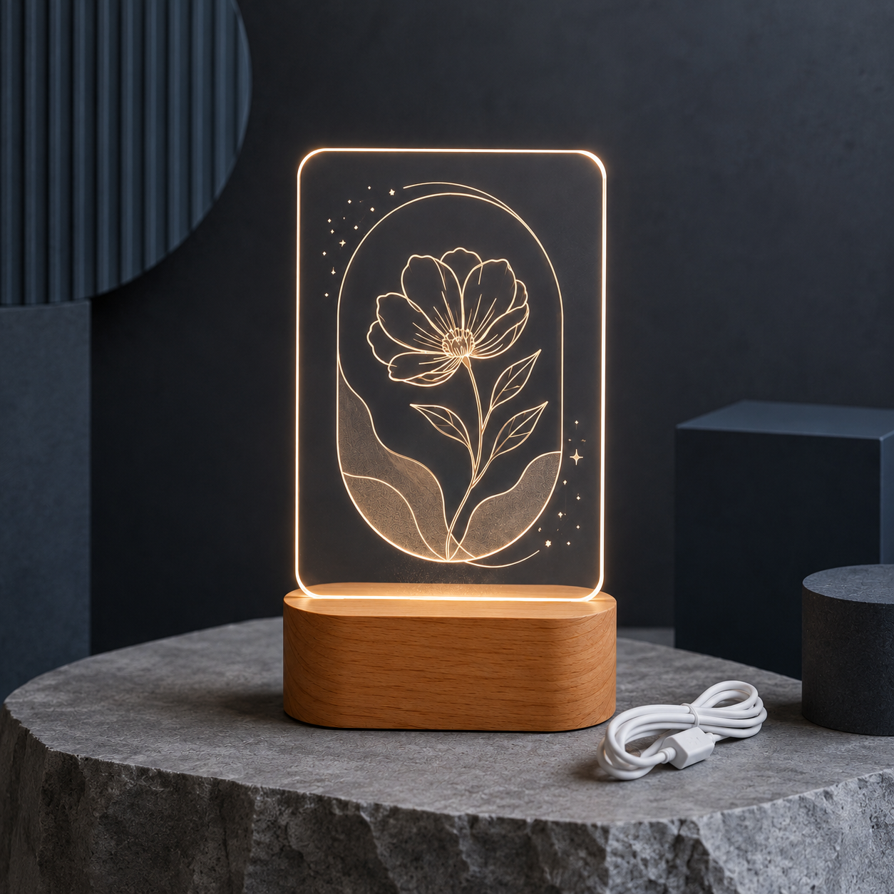 Personalized Floral LED Night Light – Warm Acrylic Flower Lamp with Wooden Base for Bedroom Decor, Gifts, Birthdays, Anniversaries & Holiday Surprises