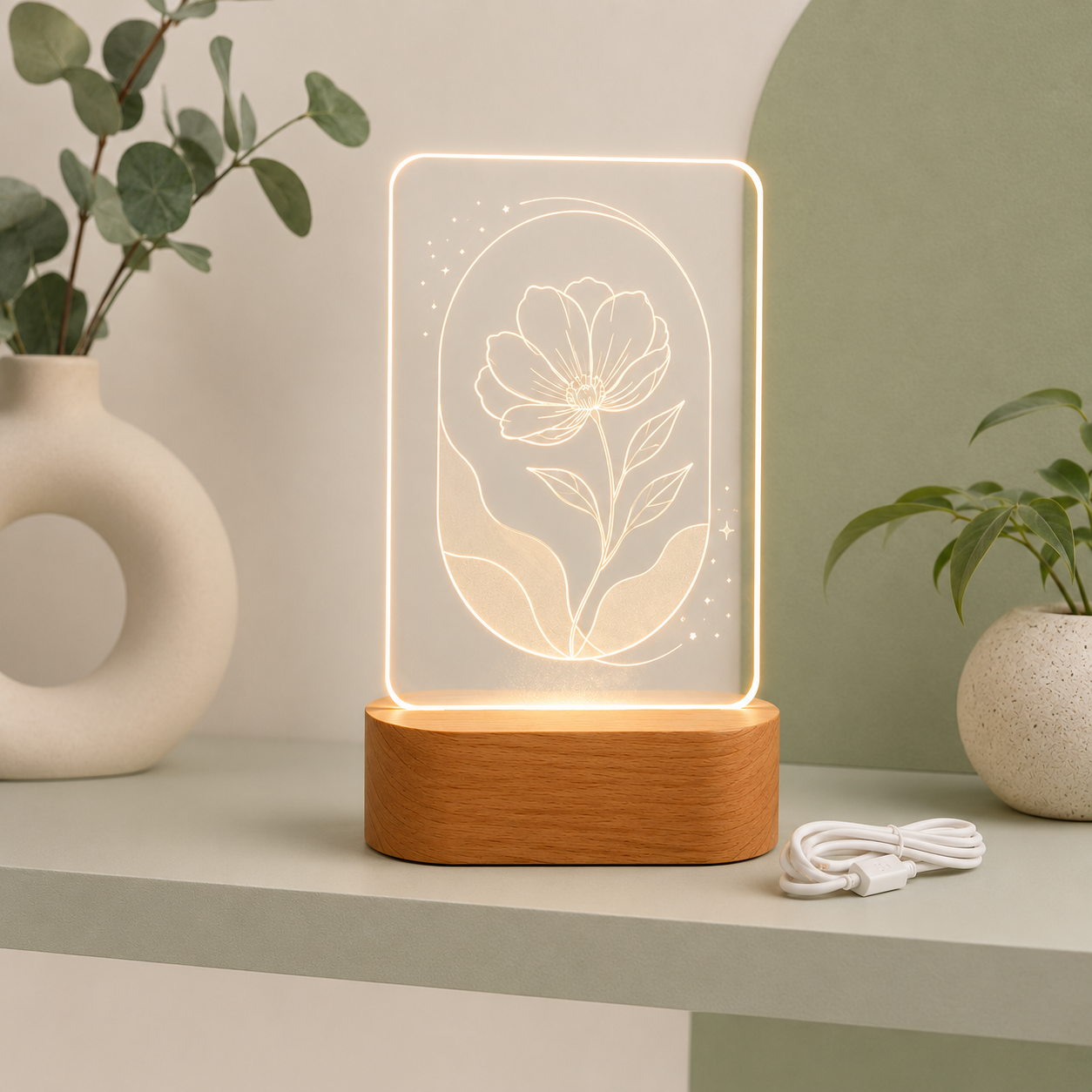 Personalized Floral LED Night Light – Warm Acrylic Flower Lamp with Wooden Base for Bedroom Decor, Gifts, Birthdays, Anniversaries & Holiday Surprises