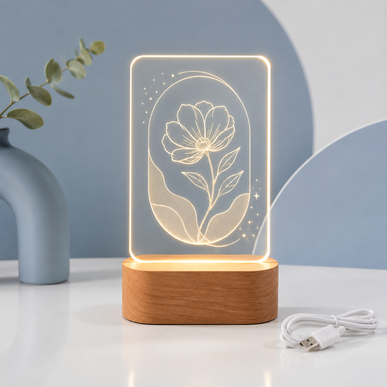 Personalized Floral LED Night Light – Warm Acrylic Flower Lamp with Wooden Base for Bedroom Decor, Gifts, Birthdays, Anniversaries & Holiday Surprises