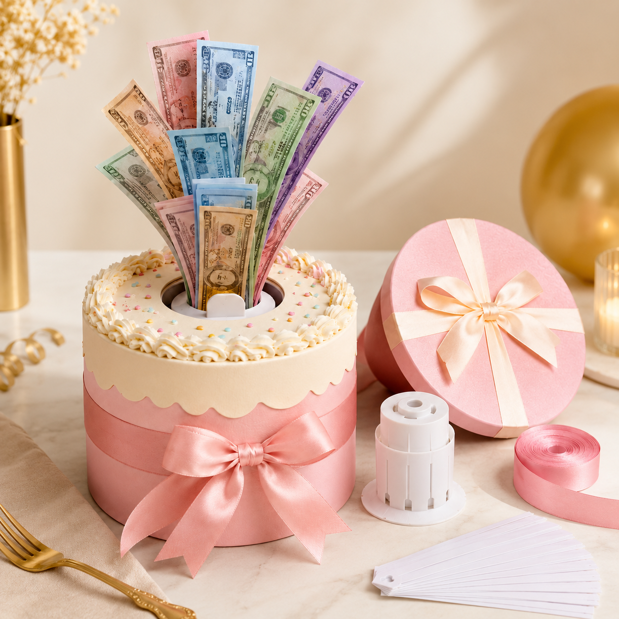 Money Pull Cake Surprise Gift Box Kit – Pink Birthday Cash Pulling Box with Ribbon, Money Sleeves & Pull Tabs for Birthdays, Graduation, Weddings & Party Gifts