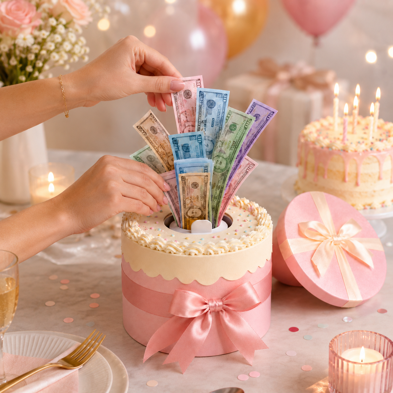 Money Pull Cake Surprise Gift Box Kit – Pink Birthday Cash Pulling Box with Ribbon, Money Sleeves & Pull Tabs for Birthdays, Graduation, Weddings & Party Gifts
