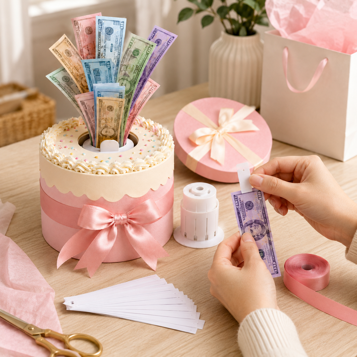 Money Pull Cake Surprise Gift Box Kit – Pink Birthday Cash Pulling Box with Ribbon, Money Sleeves & Pull Tabs for Birthdays, Graduation, Weddings & Party Gifts