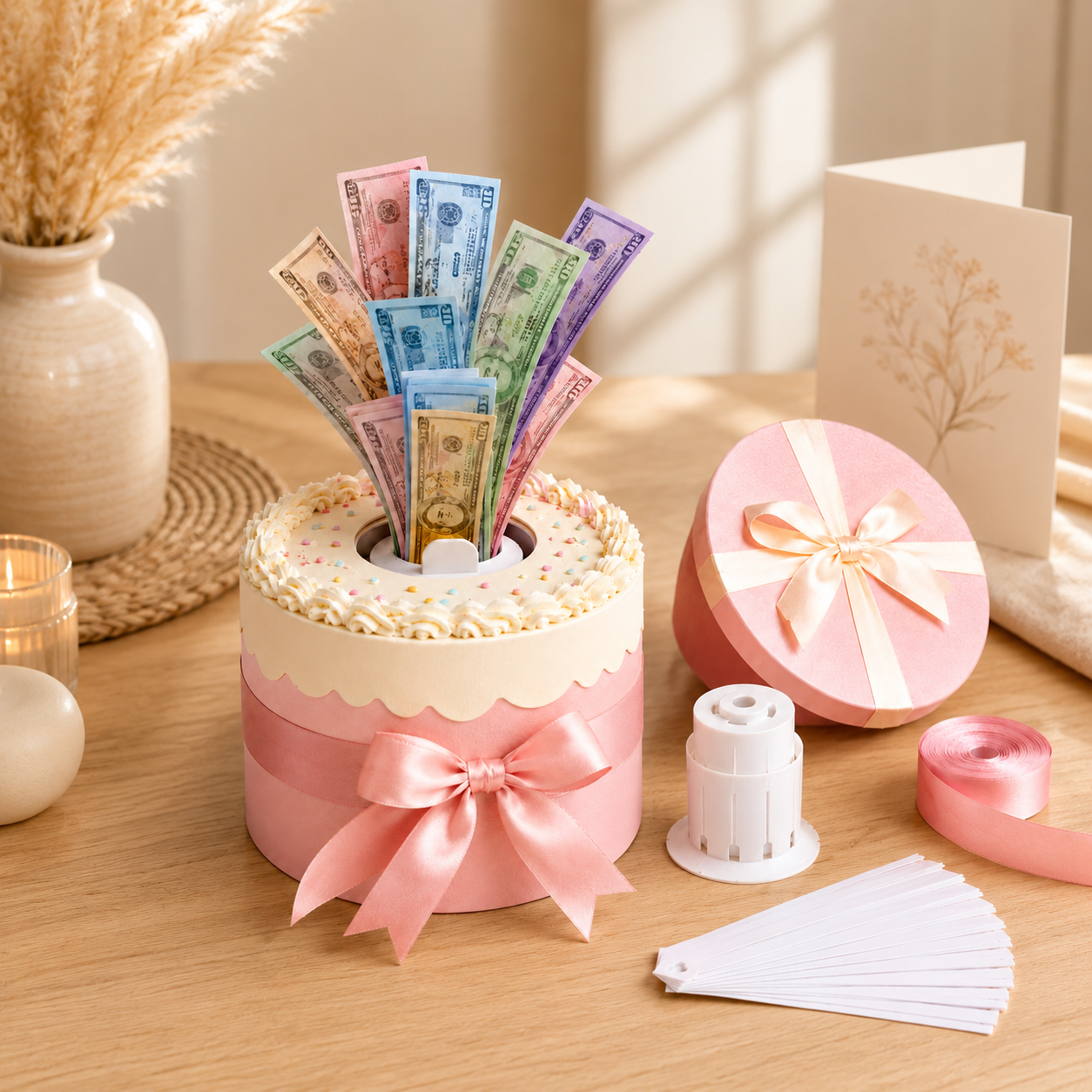 Money Pull Cake Surprise Gift Box Kit – Pink Birthday Cash Pulling Box with Ribbon, Money Sleeves & Pull Tabs for Birthdays, Graduation, Weddings & Party Gifts