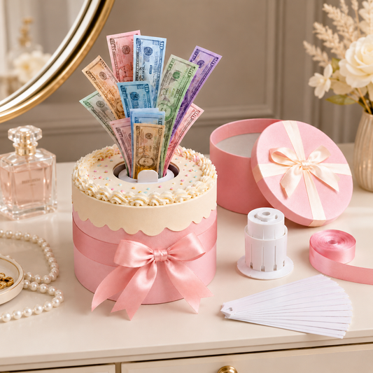 Money Pull Cake Surprise Gift Box Kit – Pink Birthday Cash Pulling Box with Ribbon, Money Sleeves & Pull Tabs for Birthdays, Graduation, Weddings & Party Gifts