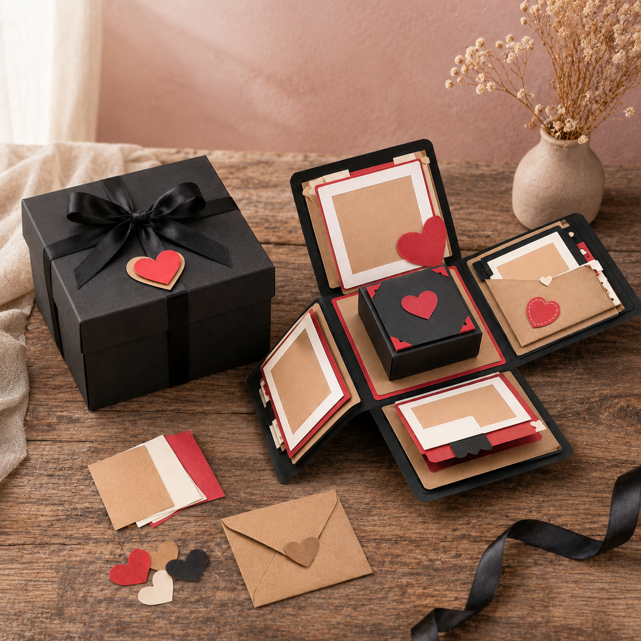 DIY Explosion Gift Box Kit – Romantic Surprise Photo Memory Box with Heart Cards, Mini Envelopes & Handmade Gift Layers for Anniversaries, Birthdays & Valentine’s Day