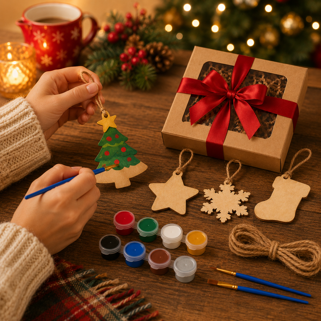 DIY Christmas Ornament Painting Kit – Wooden Holiday Craft Set with Paints, Brushes, Twine & Gift Box for Family Activities, Kids Crafts & Festive Decor