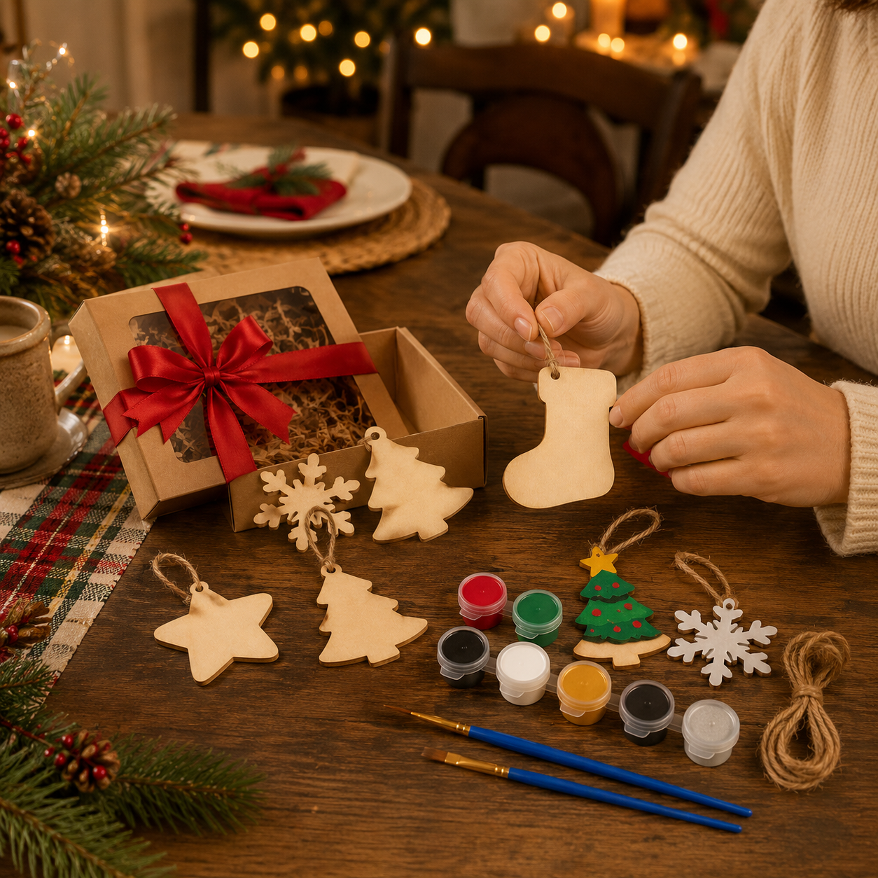 DIY Christmas Ornament Painting Kit – Wooden Holiday Craft Set with Paints, Brushes, Twine & Gift Box for Family Activities, Kids Crafts & Festive Decor