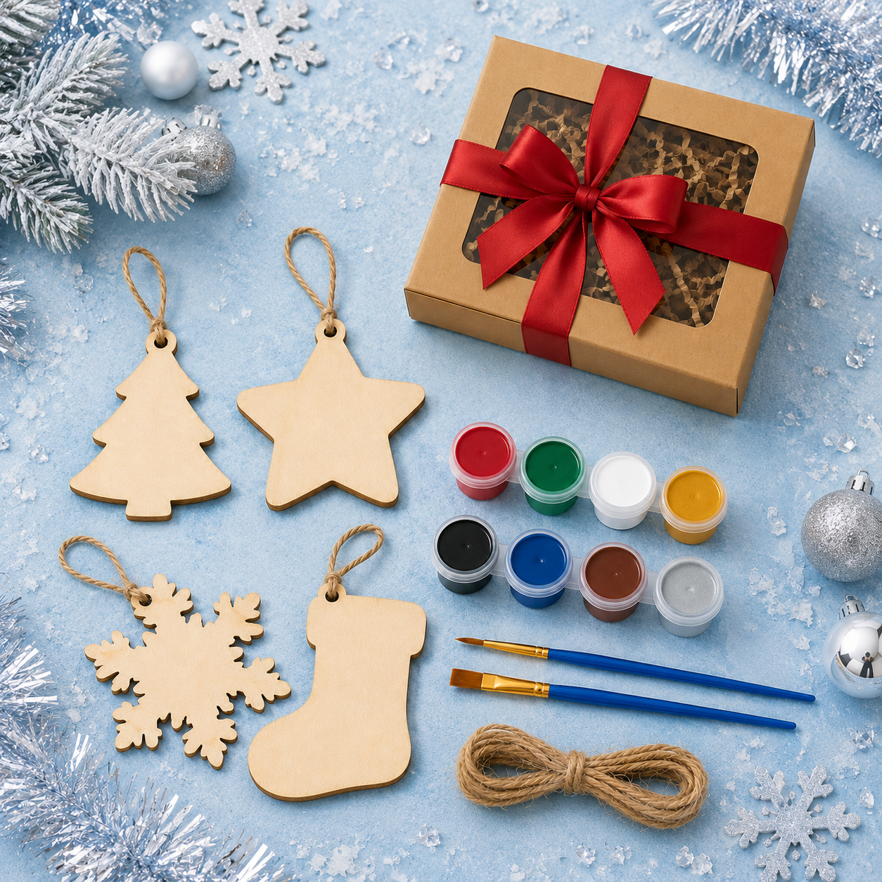 DIY Christmas Ornament Painting Kit – Wooden Holiday Craft Set with Paints, Brushes, Twine & Gift Box for Family Activities, Kids Crafts & Festive Decor