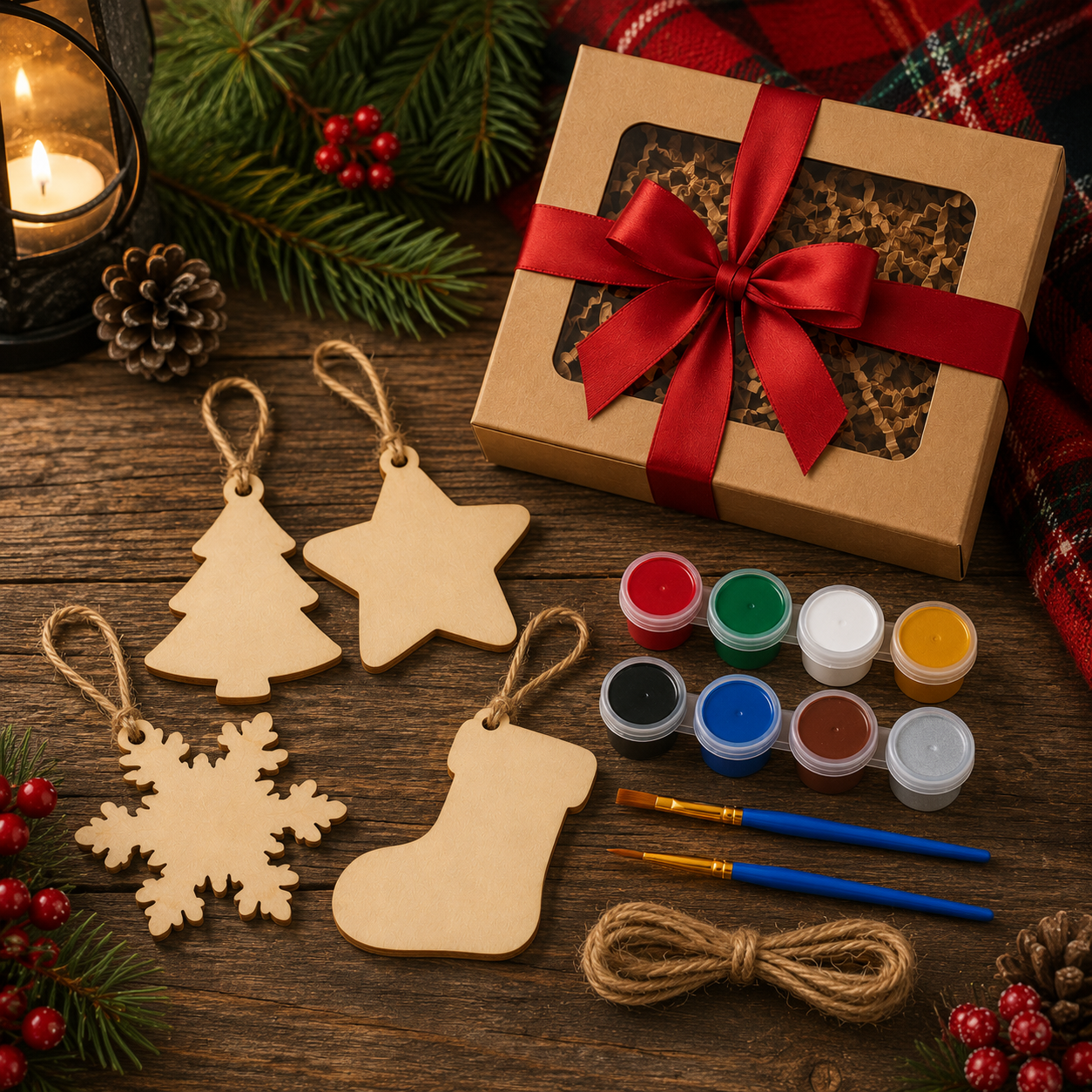 DIY Christmas Ornament Painting Kit – Wooden Holiday Craft Set with Paints, Brushes, Twine & Gift Box for Family Activities, Kids Crafts & Festive Decor