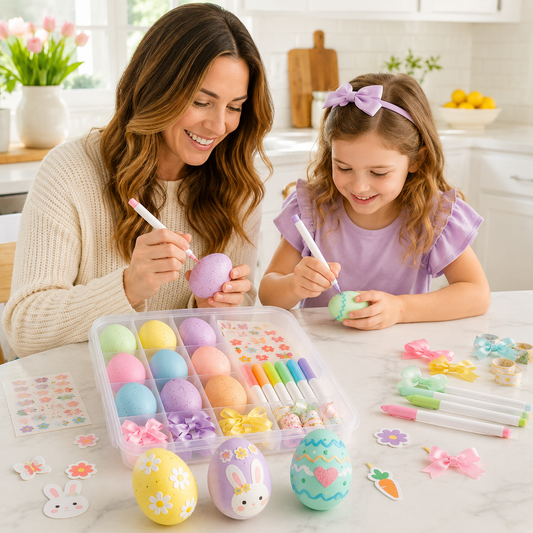 DIY Easter Egg Decorating Kit – Pastel Egg Craft Set with Markers, Stickers, Bows & Storage Case for Kids, Family Activities, Spring Parties & Holiday Gifts