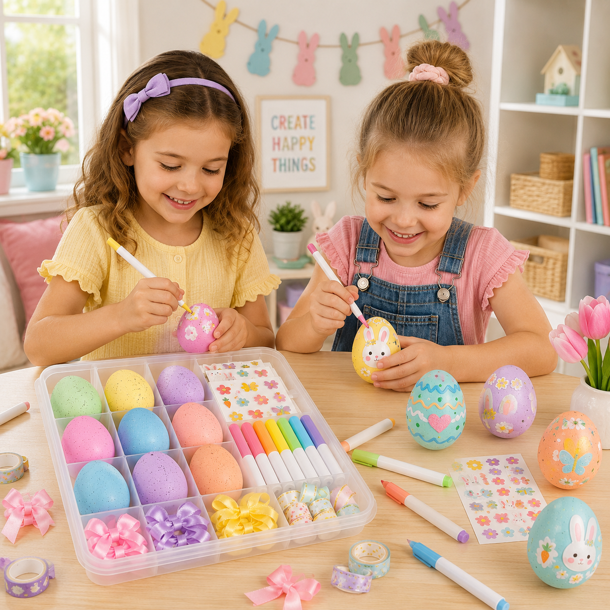 DIY Easter Egg Decorating Kit – Pastel Egg Craft Set with Markers, Stickers, Bows & Storage Case for Kids, Family Activities, Spring Parties & Holiday Gifts