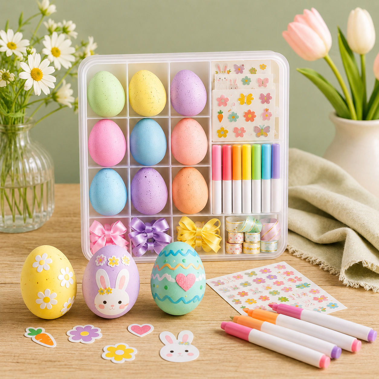 DIY Easter Egg Decorating Kit – Pastel Egg Craft Set with Markers, Stickers, Bows & Storage Case for Kids, Family Activities, Spring Parties & Holiday Gifts