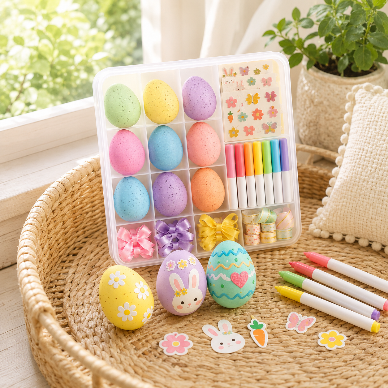 DIY Easter Egg Decorating Kit – Pastel Egg Craft Set with Markers, Stickers, Bows & Storage Case for Kids, Family Activities, Spring Parties & Holiday Gifts