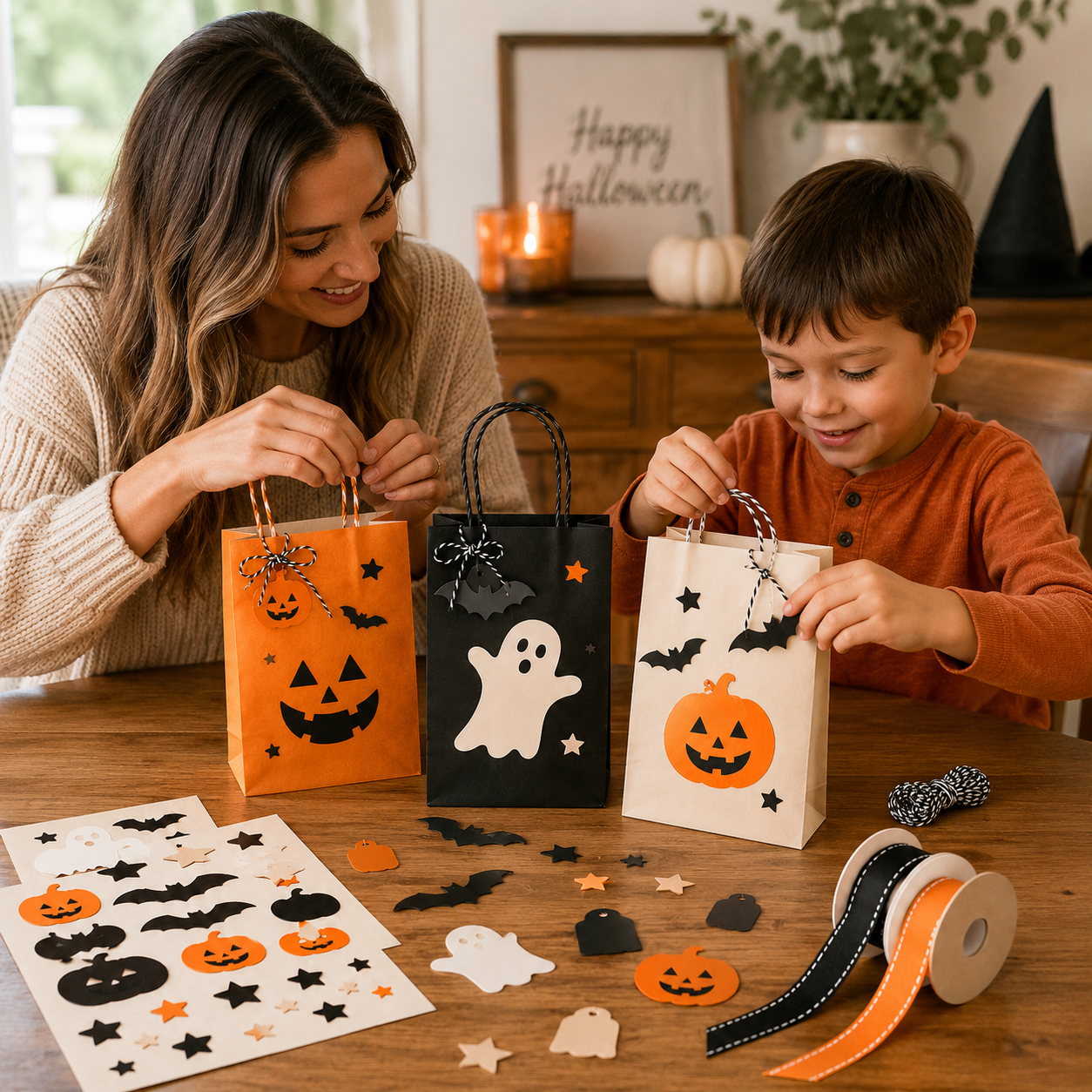 DIY Halloween Treat Bag Decorating Kit – Pumpkin, Ghost & Bat Party Favor Bags with Stickers, Ribbons, Twine & Gift Tags for Trick-or-Treat, Classroom Parties & Fall Crafts