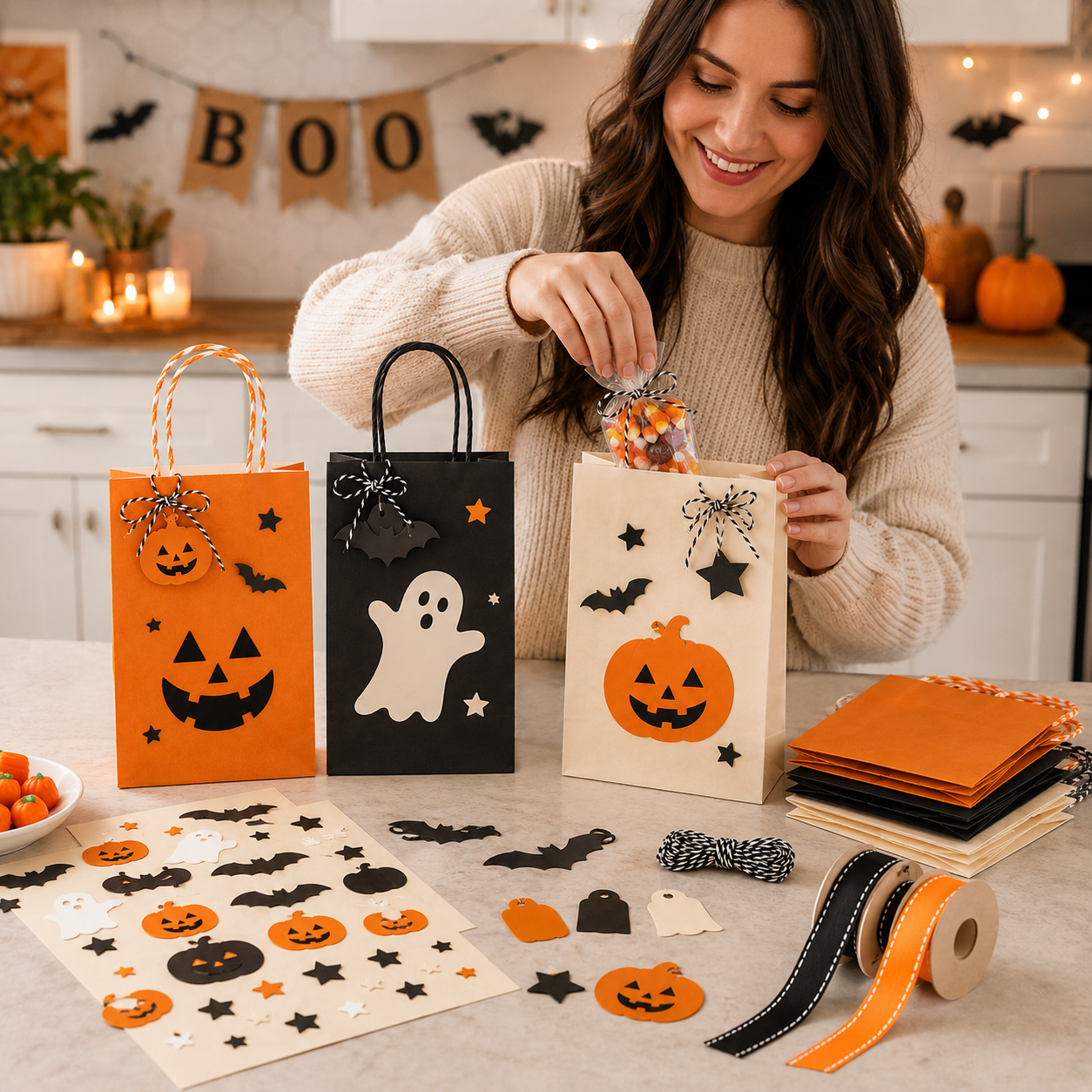 DIY Halloween Treat Bag Decorating Kit – Pumpkin, Ghost & Bat Party Favor Bags with Stickers, Ribbons, Twine & Gift Tags for Trick-or-Treat, Classroom Parties & Fall Crafts