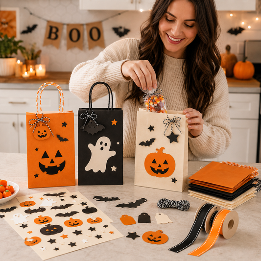 DIY Halloween Treat Bag Decorating Kit – Pumpkin, Ghost & Bat Party Favor Bags with Stickers, Ribbons, Twine & Gift Tags for Trick-or-Treat, Classroom Parties & Fall Crafts