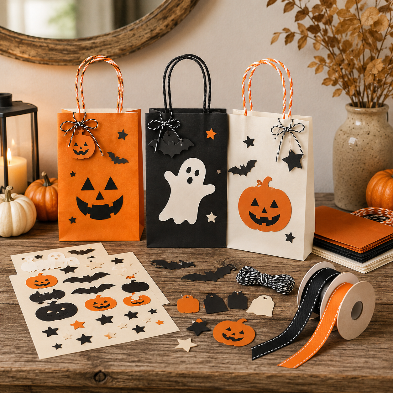 DIY Halloween Treat Bag Decorating Kit – Pumpkin, Ghost & Bat Party Favor Bags with Stickers, Ribbons, Twine & Gift Tags for Trick-or-Treat, Classroom Parties & Fall Crafts