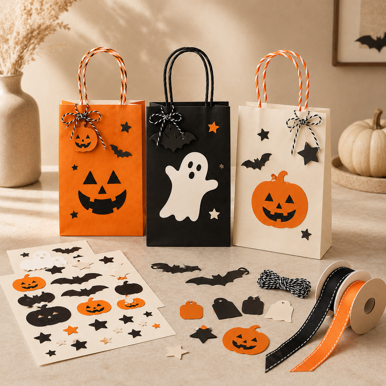 DIY Halloween Treat Bag Decorating Kit – Pumpkin, Ghost & Bat Party Favor Bags with Stickers, Ribbons, Twine & Gift Tags for Trick-or-Treat, Classroom Parties & Fall Crafts
