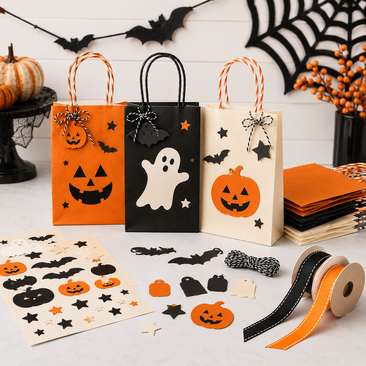 DIY Halloween Treat Bag Decorating Kit – Pumpkin, Ghost & Bat Party Favor Bags with Stickers, Ribbons, Twine & Gift Tags for Trick-or-Treat, Classroom Parties & Fall Crafts