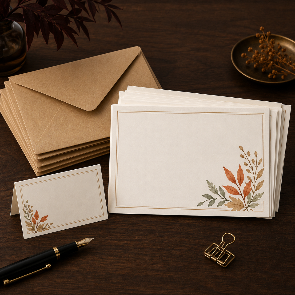 Autumn Botanical Thank You Card Set – Elegant Fall Note Cards with Kraft Envelopes for Thanksgiving, Weddings, Gifts & Small Business Packaging