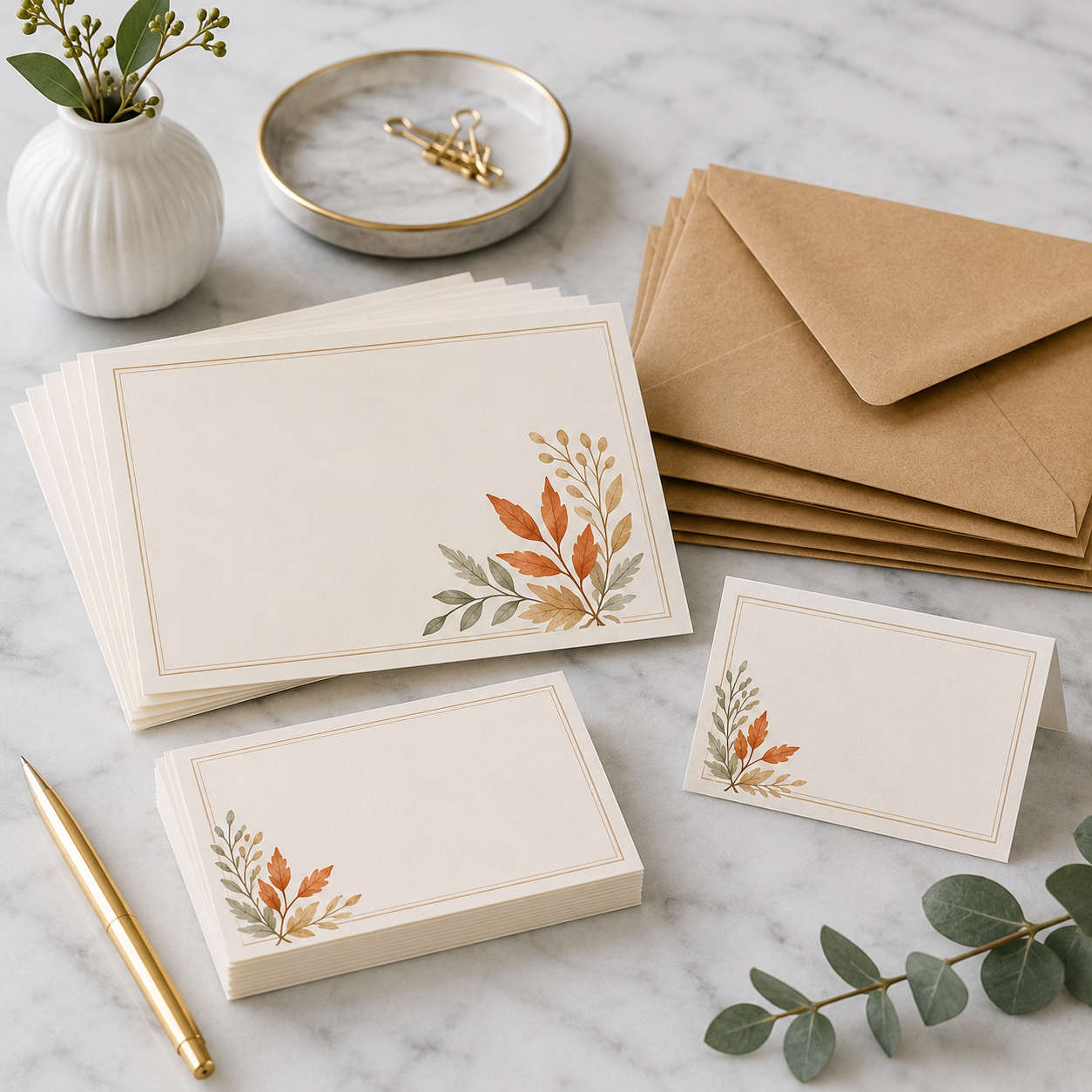 Autumn Botanical Thank You Card Set – Elegant Fall Note Cards with Kraft Envelopes for Thanksgiving, Weddings, Gifts & Small Business Packaging