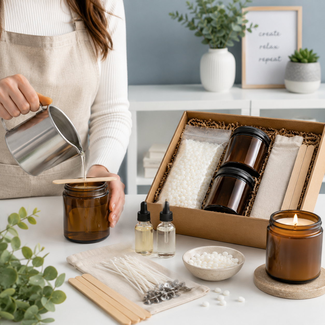 Complete DIY Candle Making Kit – Natural Soy Wax Candle Craft Set with Amber Jars, Wicks, Fragrance Oils, Stir Sticks & Gift Box for Home Decor, Relaxation & Handmade Gifts