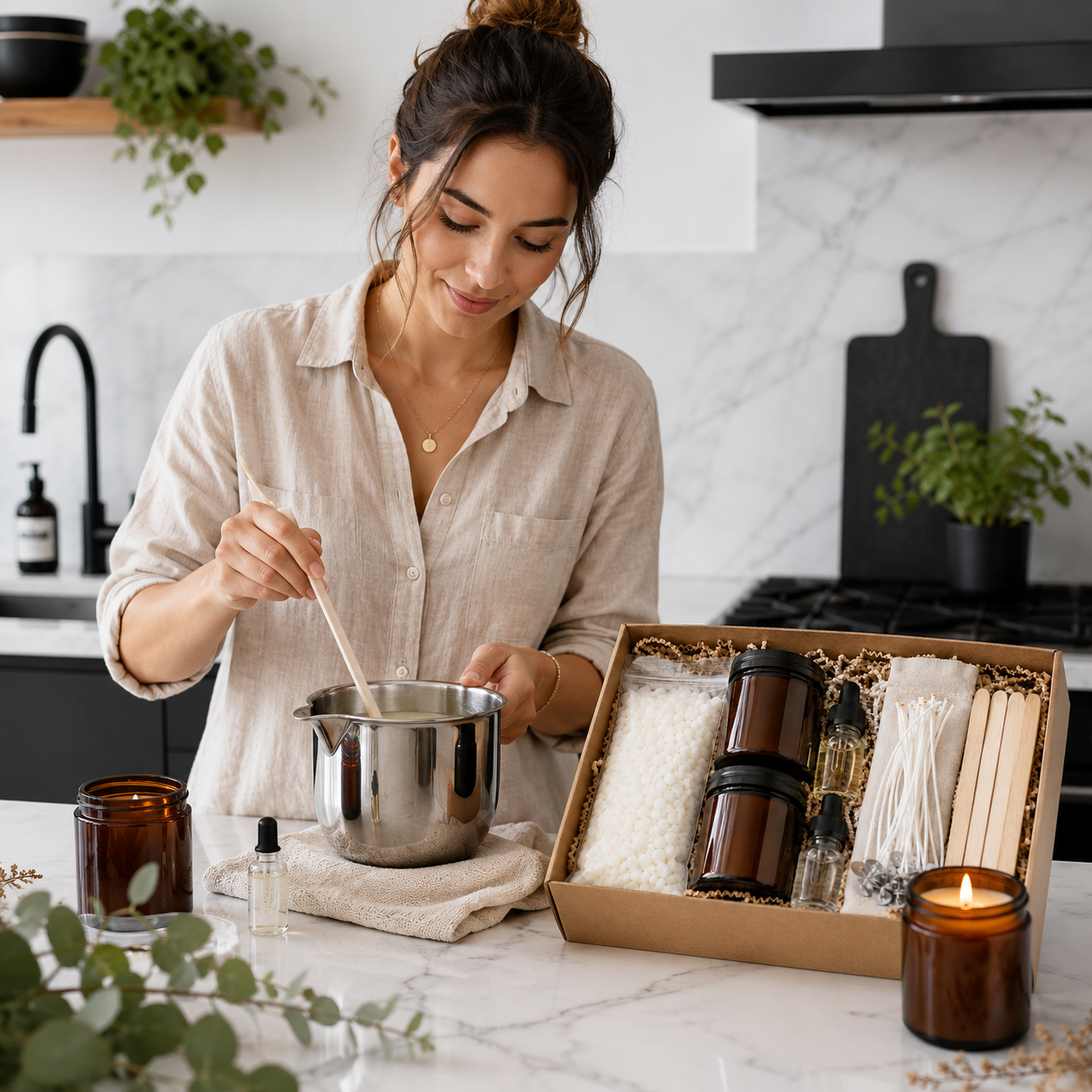Complete DIY Candle Making Kit – Natural Soy Wax Candle Craft Set with Amber Jars, Wicks, Fragrance Oils, Stir Sticks & Gift Box for Home Decor, Relaxation & Handmade Gifts