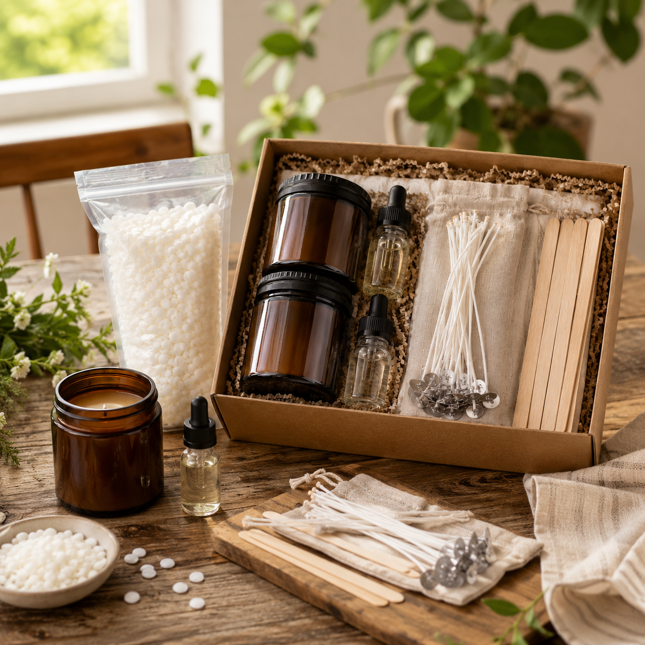 Complete DIY Candle Making Kit – Natural Soy Wax Candle Craft Set with Amber Jars, Wicks, Fragrance Oils, Stir Sticks & Gift Box for Home Decor, Relaxation & Handmade Gifts